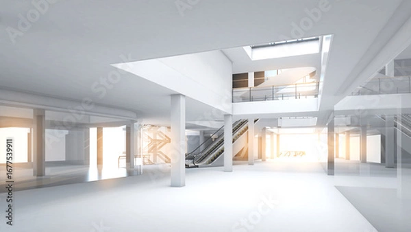Fototapeta big, white, glistening building hall ,Area for structural work ,large mall structure ,3d rendering