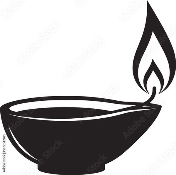 Fototapeta Simple Black Silhouette of a Lit Oil Lamp on a White Background diya black and white