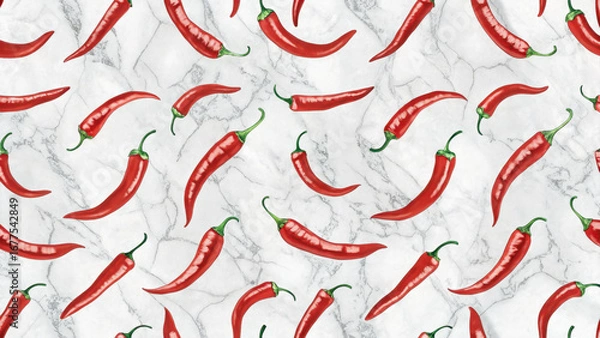 Obraz Seamless chili pepper pattern red spice illustration marble background watercolor style hot culinary motif vibrant food design playful repeat kitchen decor rustic texture fresh stem accents