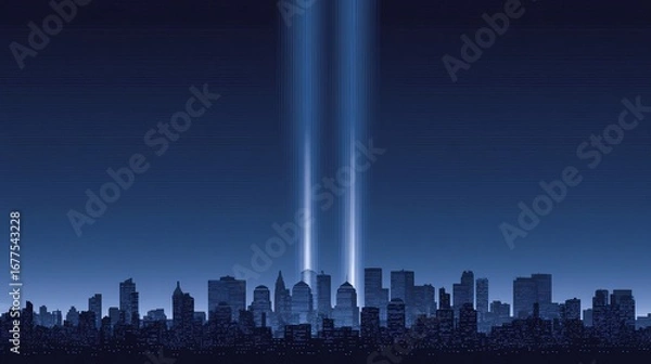 Fototapeta Flat NYC skyline  on dark blue memorial banner with Tribute in Light columns for text implicit 169 structure