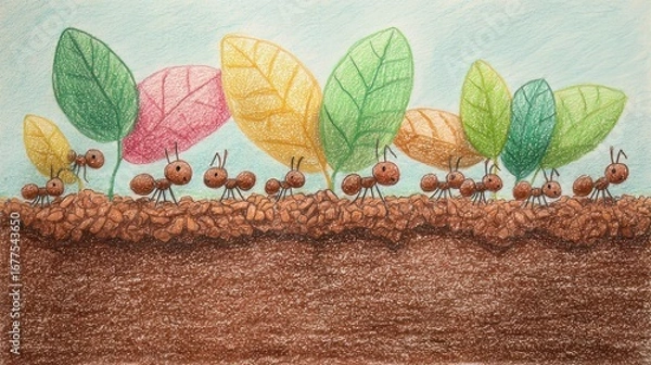 Fototapeta Childs drawing of ants working together for Labor Day
