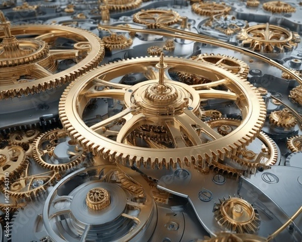 Fototapeta 3D photorealistic clockwork mechanism symbolizes labors interconnectedness in society