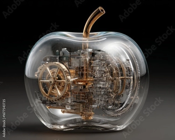 Fototapeta Transparent glass apple with intricate clockwork inside symbolizes knowledge