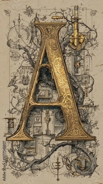 Fototapeta Intricate medievalinspired ink drawing with symbolfilled letter A