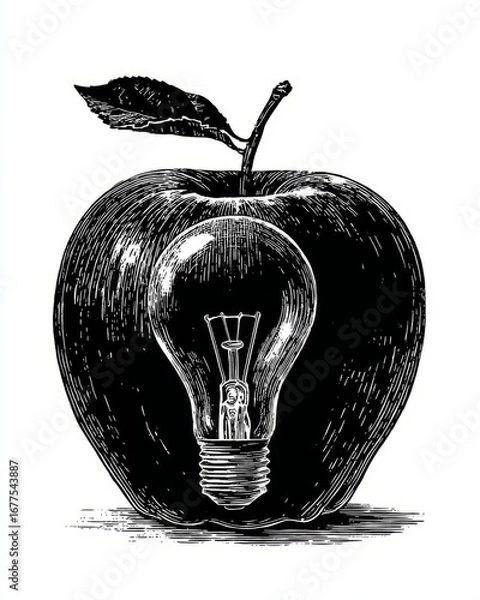 Fototapeta Woodcut print of apple with glowing lightbulb filament symbolizing education