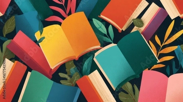Fototapeta Flat  banner with open books pattern and bookmark element