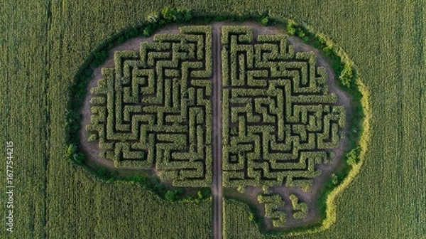 Fototapeta Drone photo of brain labyrinth in tall grass field