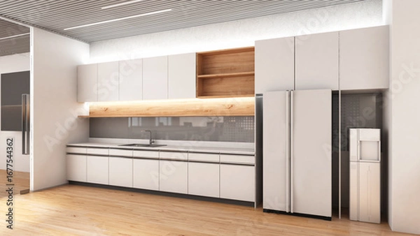 Fototapeta Pantry and built-in cabinets in the kitchen with light wood floor and refrigerator and water dispenser, 3D rendering