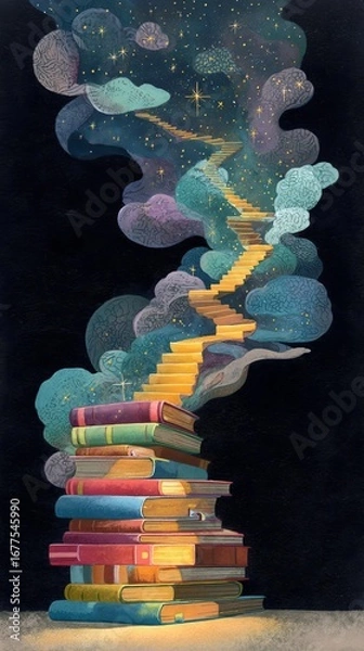 Fototapeta Whimsical gouache  showing books transforming into starry staircase