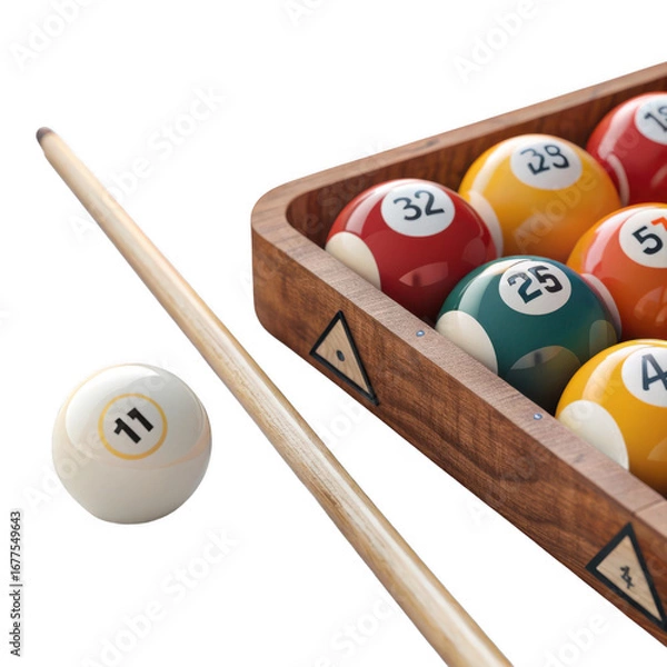Obraz Close up of billiard balls in rack with cue stick and number eleven ball isolated on transparent background