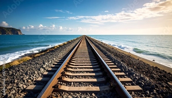 Fototapeta Tranquil coastal railway track extends to the horizon, meeting the vast ocean beneath a vibrant sky.