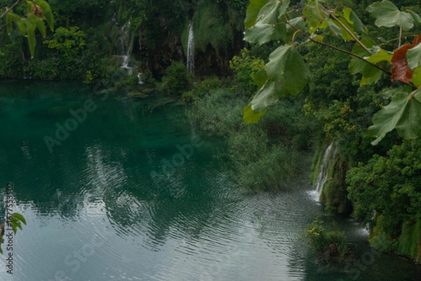 Fototapeta Close up of the multiple waterfall system seen from the forest path at the Plitvice Lakes National Park (Plitvička Jezera, Croatia)