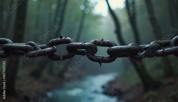 Fototapeta Rusty chain in foggy forest background
