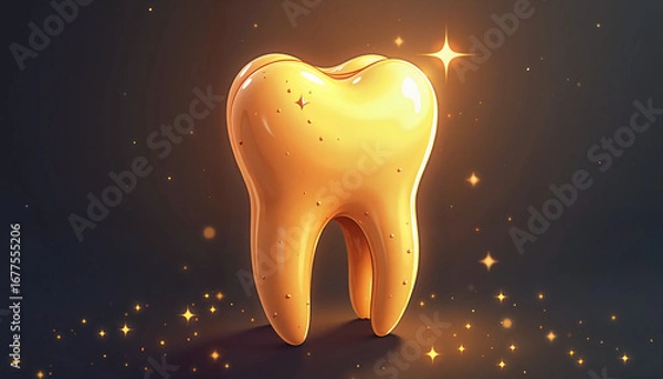 Fototapeta Golden tooth model with sparkles on dark background

