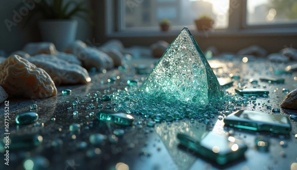 Fototapeta Glass pyramid with scattered gems on reflective surface
