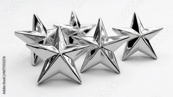 Fototapeta Shiny chrome silver metallic stars arranged on a clean white background, perfect for festive, decorative, or design use.