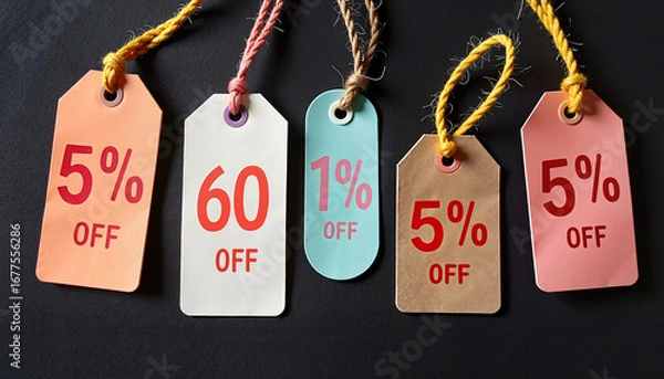 Fototapeta Discount tags with various percentages displayed on a black background
