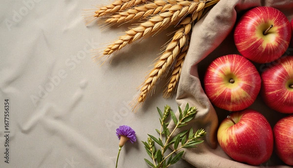 Fototapeta Fresh apples in basket with wheat and flowers on fabric background
