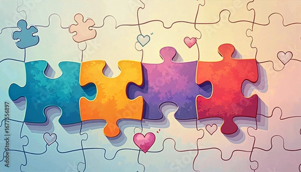 Fototapeta Colorful puzzle pieces with hearts on a light background
