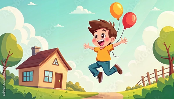 Fototapeta Happy boy jumping with balloons in a colorful landscape
