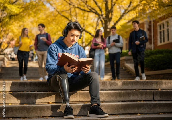 Fototapeta Student with prosthetic leg reading on campus
