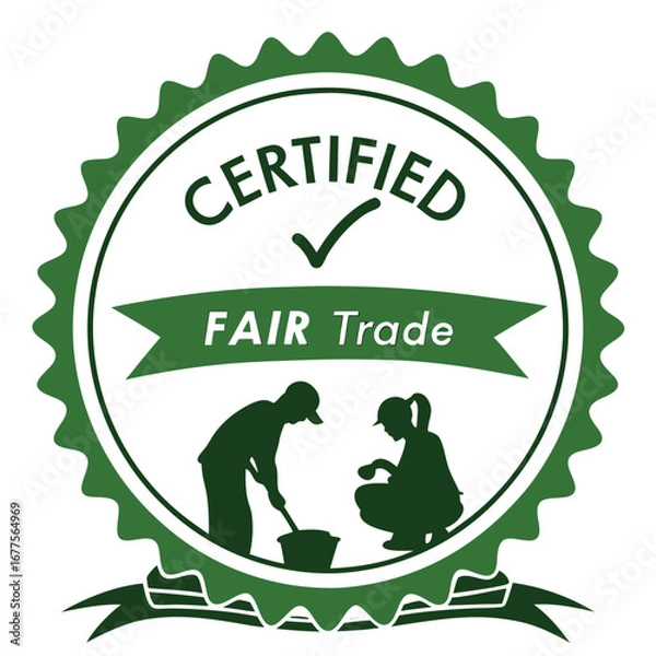 Fototapeta Fair Trade certification logo featuring a green circular design with text and silhouettes of people working.