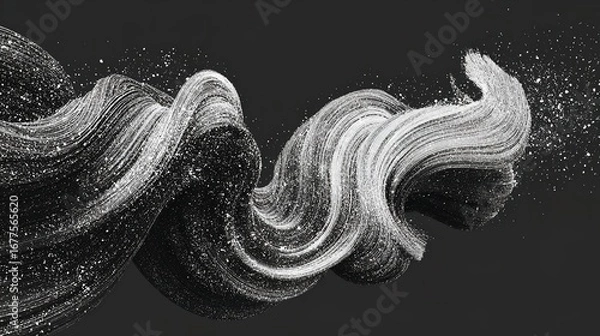 Fototapeta Dynamic abstract monochrome artwork featuring swirling forms and textured spheres on a dark background.