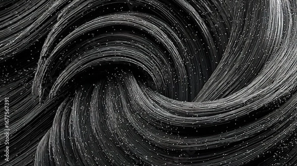 Fototapeta Dynamic abstract monochrome artwork featuring swirling forms and textured spheres on a dark background.
