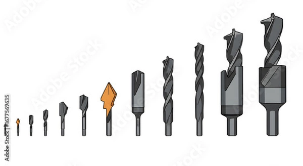 Fototapeta Assorted Gray Drill Bits Set in Ascending Order on White Background
