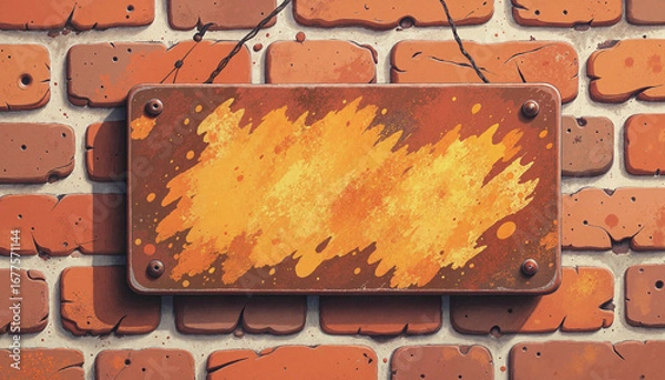 Obraz Rustic signboard with orange paint splashes on brick wall