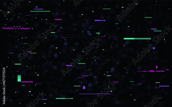 Fototapeta Glitch distortion background. Vibrant neon lines and data error effect on dark screen. Tech, cyberpunk or digital theme template. Futuristic overlay noise. Vector Illustration.