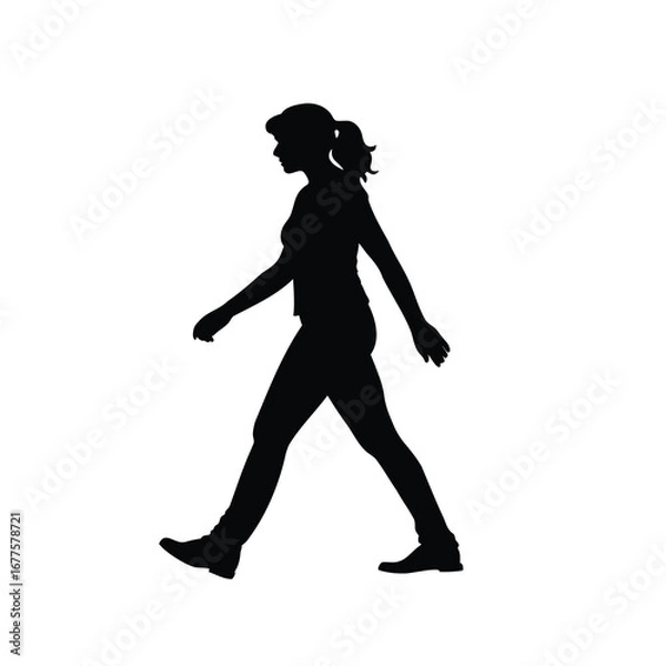 Fototapeta Silhouette of a woman walking forward, showing movement and casual attire, a woman walking silhouette vector illustration