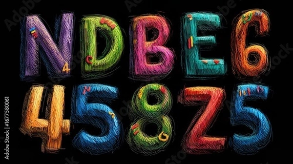 Fototapeta Colorful wooden numbers scattered on a dark background, perfect for educational materials or creative design use.