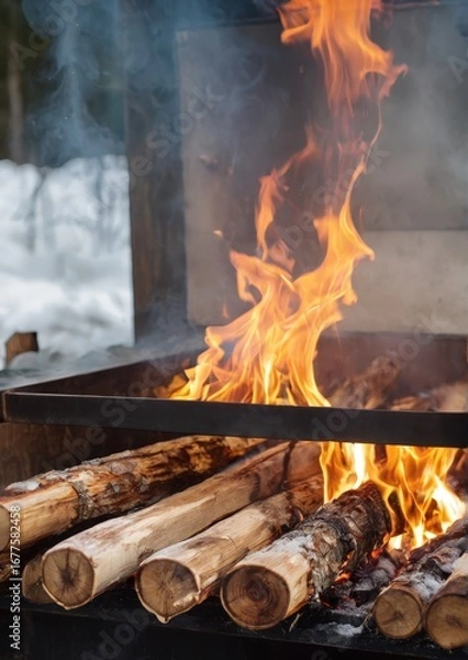Fototapeta Wood-Fired Evaporator for Maple Syrup Production with Burning Logs and Steam