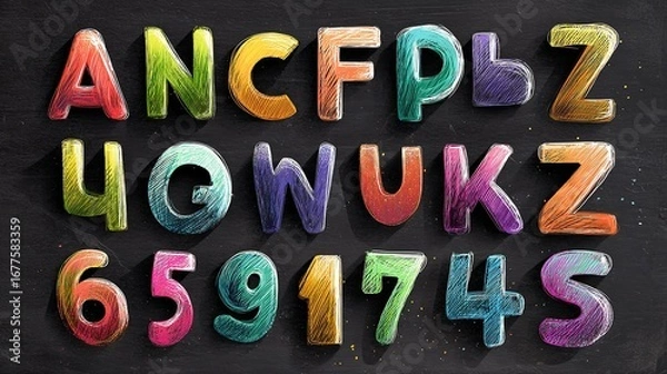 Fototapeta Colorful wooden numbers scattered on a dark background, perfect for educational materials or creative design use.