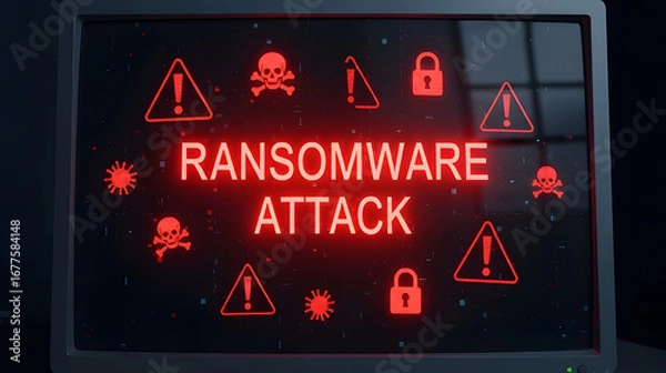 Obraz Digital ransomware attack warning with danger symbols