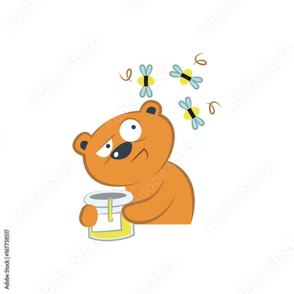 Fototapeta Cute bear with honey and bees