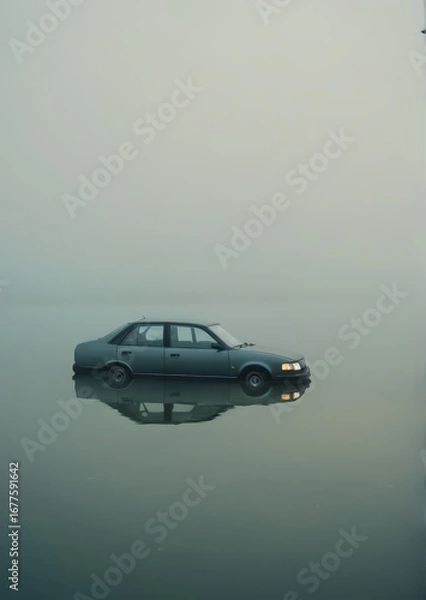 Fototapeta Partially Submerged Car in Foggy Water with Mist and Reflections