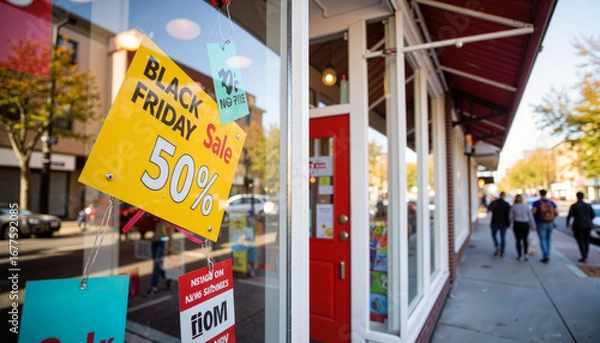 Obraz Black Friday sale sign displaying 50% off at retail store window  
