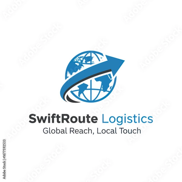 Fototapeta Logo for SwiftRoute Logistics, a global shipping company, featuring a blue globe and an arrow symbolizing worldwide reach and efficient delivery.