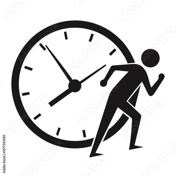 Obraz "Running Against Time Icon – Black Silhouette of Person in Motion Over Analog Clock – Depicting Urgency, Deadlines, Time Pressure, and Productivity – Minimalist Vector for UI/UX, Business, Motivation,