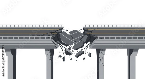 Obraz Cracked highway bridge with debris falling into empty space  