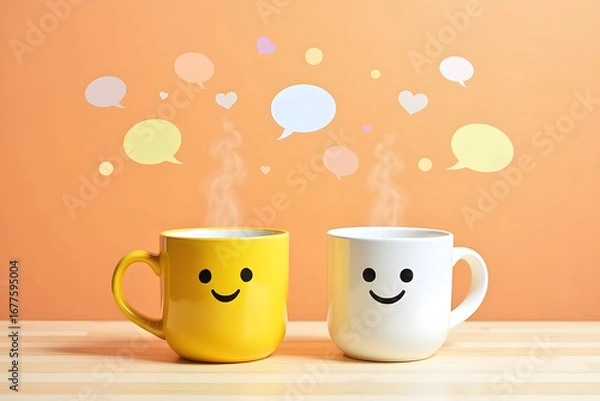 Fototapeta 2 mugs, one yellow and one white, with smiley faces, surrounded by thought bubbles, warm orange background, clean minimalist style, digital illustration