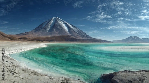 Fototapeta Laguna Verde and Licancabur Volcano in Bolivia with a green colored lake and a volcano in the background of the Bolivian desert.