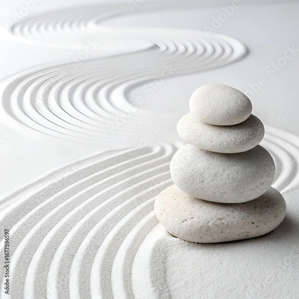 Fototapeta white background with natural stones arranged in balance, soft wave pattern in the backdrop, clean and modern spa aesthetic, high resolution, sharp focus.