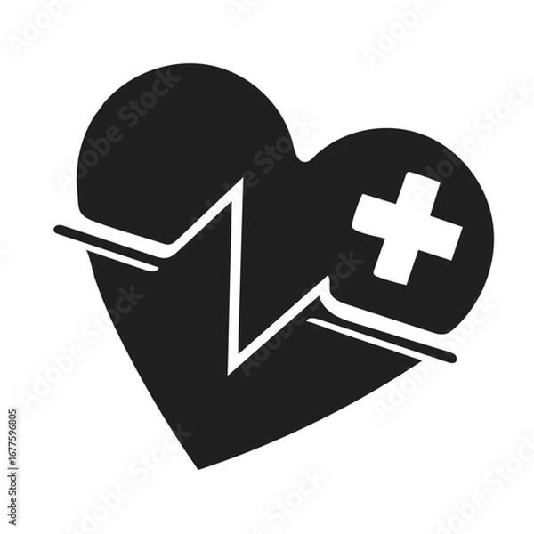 Obraz "Heart Health Icon – Black Silhouette with White Medical Cross and ECG Line – Representing Cardiology, Emergency Care, and Wellness Monitoring – Minimalist Vector for Healthcare UI/UX, Medical Brandin