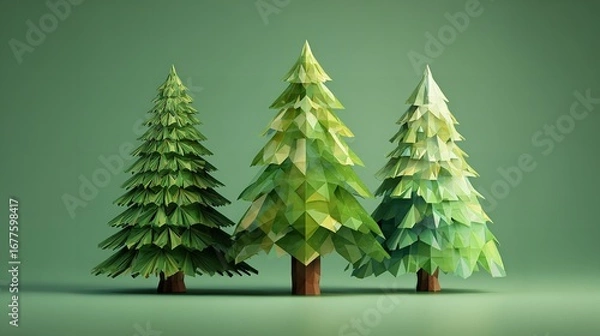Fototapeta Three green pine trees with lush branches symbolizing natural holiday charm on a clean white background, capturing the simplicity of Christmas.