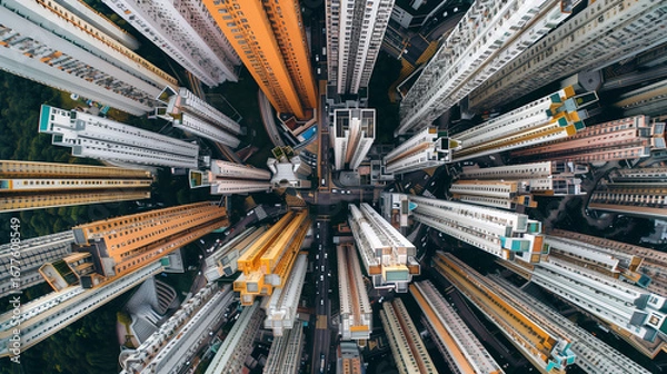 Fototapeta Tall skyscrapers with colorful rooftops dominate the view from above, showcasing a dynamic urban environment filled with architectural diversity and high-density living