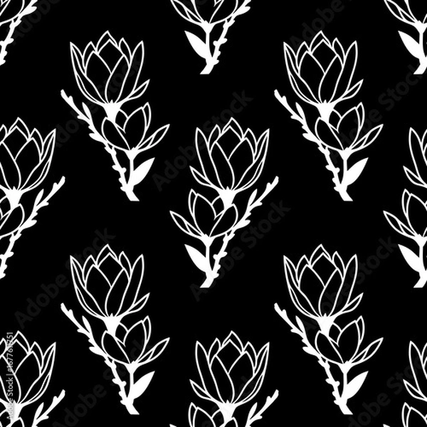 Fototapeta seamless symmetrical pattern of white graphic magnolia flowers on a black background, texture, design