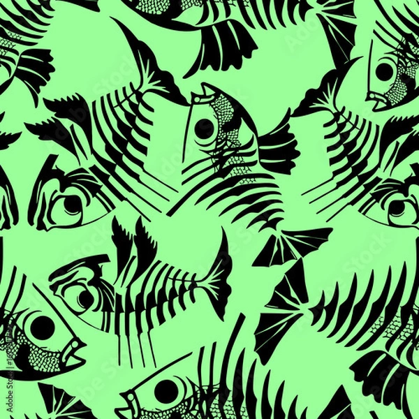 Fototapeta seamless pattern of black graphic fish skeletons on a green background, texture, design
